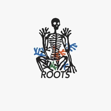 The original ROOTS drawing: a compact skeleton with roots in its ribs, above the ROOTS lettering.