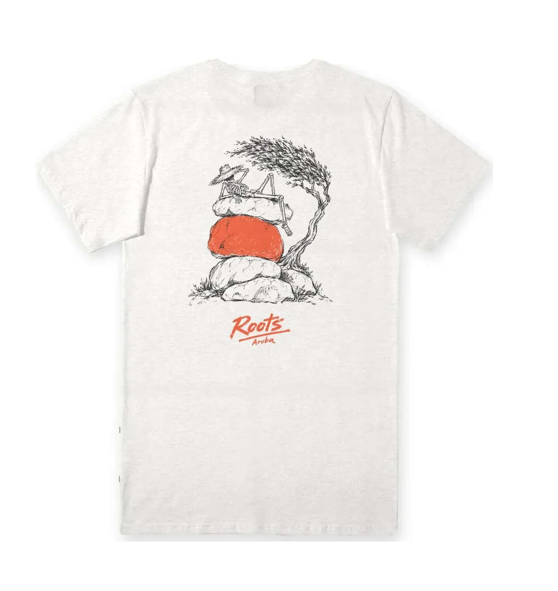 The white Casibari tee, back: a skeleton resting on stacked boulders under a divi-divi tree.